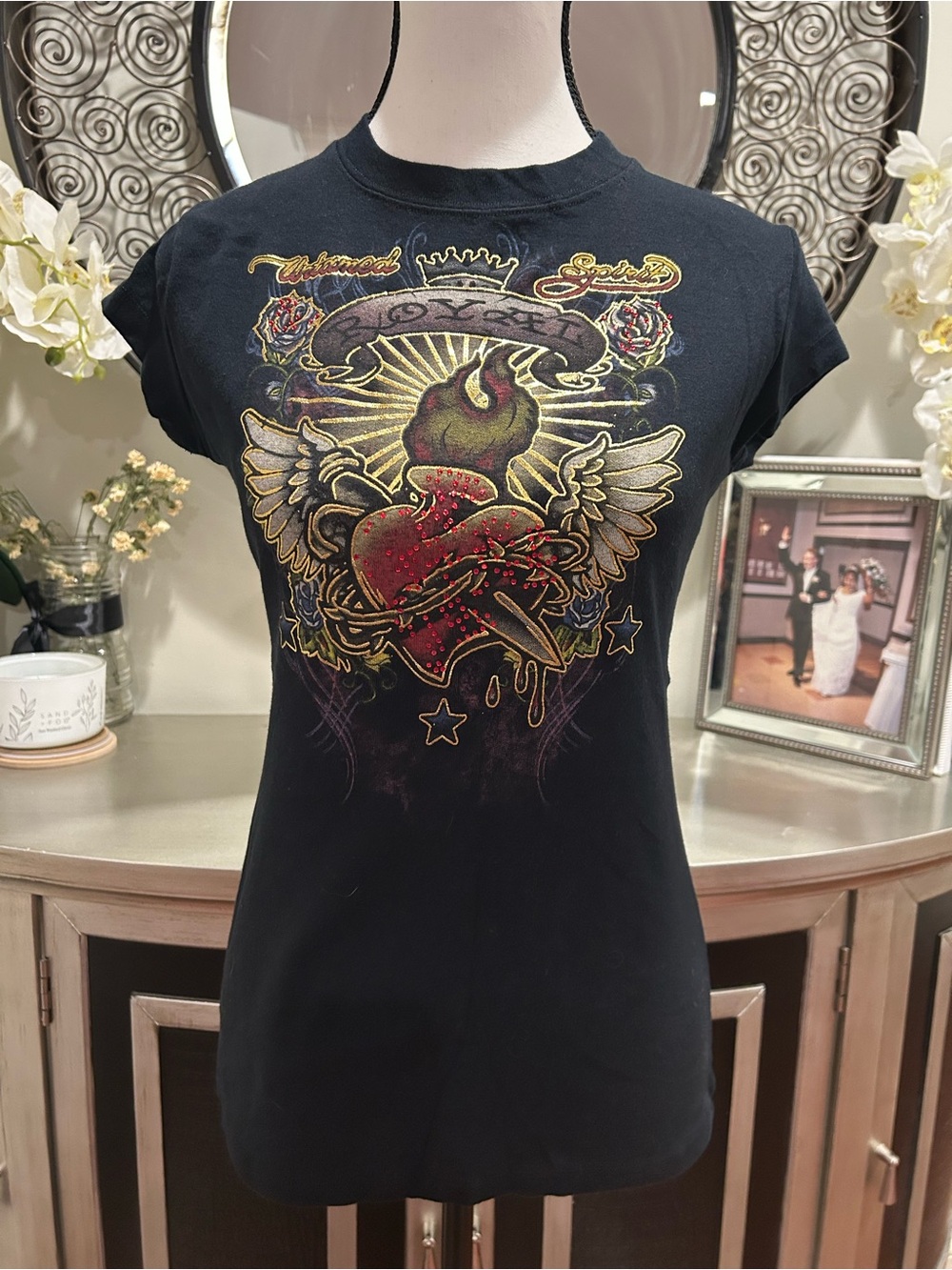 Hybrid Apparel Black Winged Heart Graphic Tee with Flame
